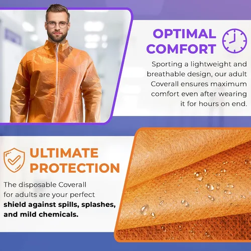 Vista 4 de AMZ Medical Supply Overol desechable naranja para hombres/mujeres, grande. Traje de material peligroso desechable. Overol transpirable de PP+PE