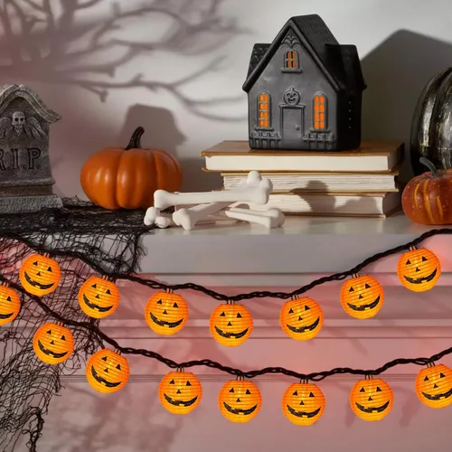 Vista 6 de Luces de calabaza de Halloween para exteriores, 2.6 m enchufables, luces de cadena naranjas para decoración de Halloween con 10 luces LED de Jack O