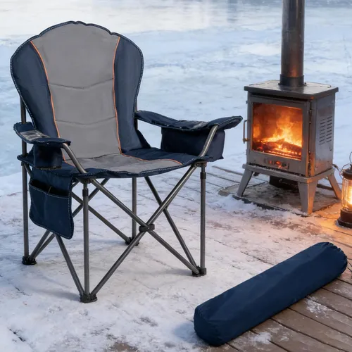 Vista 12 de Sillas plegables de camping para adultos, sillas de césped acolchadas con respaldo alto para exteriores con soporte lumbar y soporte para tazas