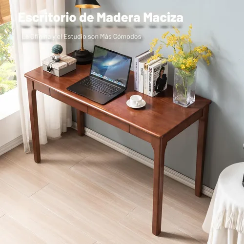 Vista 3 de Escritorio de madera maciza con cajones, escritorio de computadora pequeño para espacios pequeños, escritorios de estudio de juegos, oficina en casa