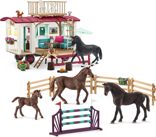 Vista 2 de Schleich Horse Club, juguetes de caballo para niñas y niños, juego de caballos de entrenamiento secreto con cámper, juguetes de caballos