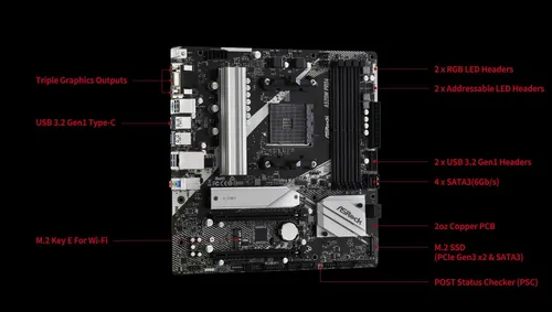 Vista 3 de ASRock A520M Pro4 AMD Ryzen serie 3000/4000 (Soket AM4) Compatible con chipset A520, placa base Micro ATX