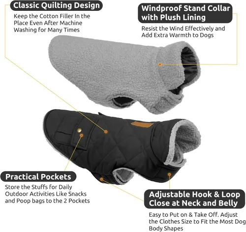 Vista 2 de Queenmore Abrigo de invierno para perro, chaqueta acolchada cálida e impermeable, con forro de felpa, chaleco térmico para clima frío, para perros