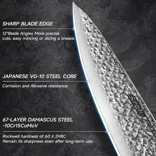 Vista 3 de SCOLE® Cuchillo de chef japonés de 8 pulgadas, cuchillo profesional afilado, 67 capas VG-10 Damasco cuchillo de cocina de acero inoxidable con mango