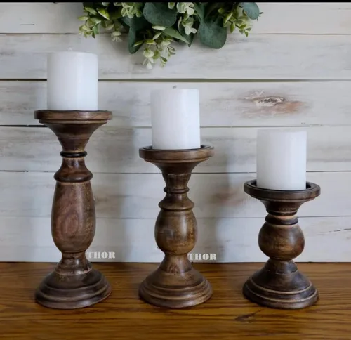 Vista 2 de Portavelas de madera, juego de 3 portavelas de madera otoñal, juego de granja para centro de mesa, decoración del hogar, 10,8,6 pulgadas