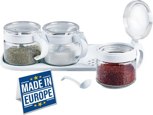 Vista 10 de Crystalia Juego de 3 tarros de especias, recipientes de vidrio para especias con asas y tapas de plástico, recipientes vacíos para almacenamiento
