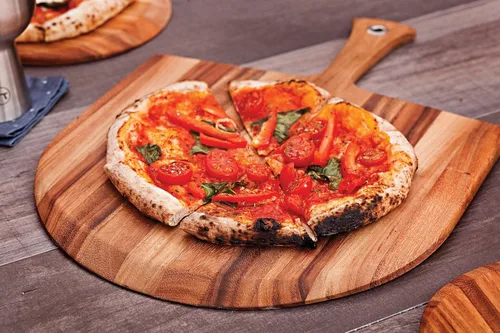 Vista 6 de Tabla Gourmet de madera de acacia de piel para pizza, Pala para pizza
