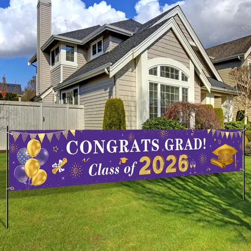 Vista 8 de Decoraciones de graduación 2026 Congrats Grad Class of 2026 - Cartel de graduación negro y dorado para patio, decoraciones colgantes para interiores
