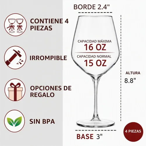 Vista 2 de Dicunoy Juego de 4 copas de vino irrompibles de 16 onzas, copas de vino de plástico para exteriores, copas de plástico, reutilizables, sin BPA