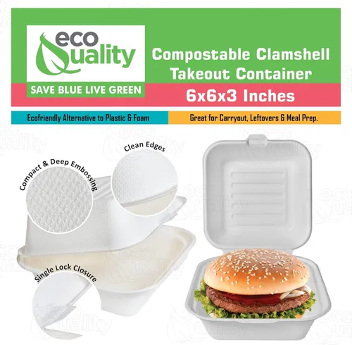 Vista 5 de Recipientes de comida para llevar con cubierta cuadrada compostable con bisagras de 6x6,Contenedores desechables para llevar, contenedores