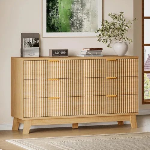 Vista 56 de BORNOON Cómoda acanalada de 3 cajones, 30.3 pulgadas de alto, cómoda bohemia compacta y moderna, armario de almacenamiento de madera