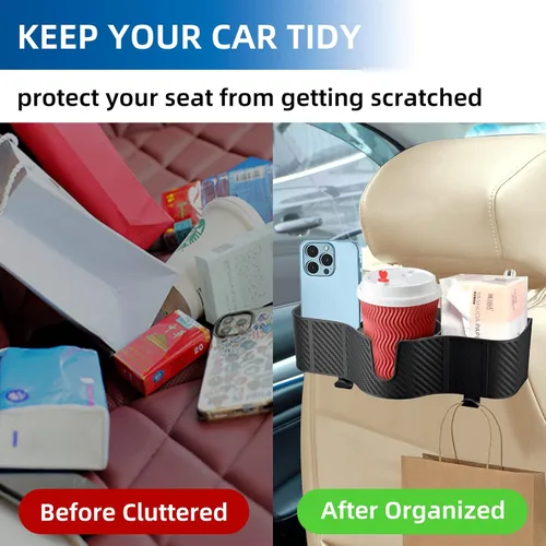 Vista 8 de OUSHASAA Organizador de reposacabezas de asiento trasero 3 en 1 con portavasos de asiento trasero de 3.7 pulgadas para automóvil, organizador