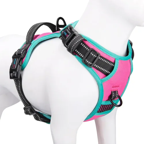 Vista 29 de Arnés para perro sin tirones, chaleco para perro reflectante ajustable de colores únicos, con asa de entrenamiento suave y clips de metal