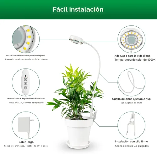 Vista 3 de SANSI Luz de cultivo para plantas de interior, lámpara LED de espectro completo con clip con atenuador de 4 niveles, temporizador