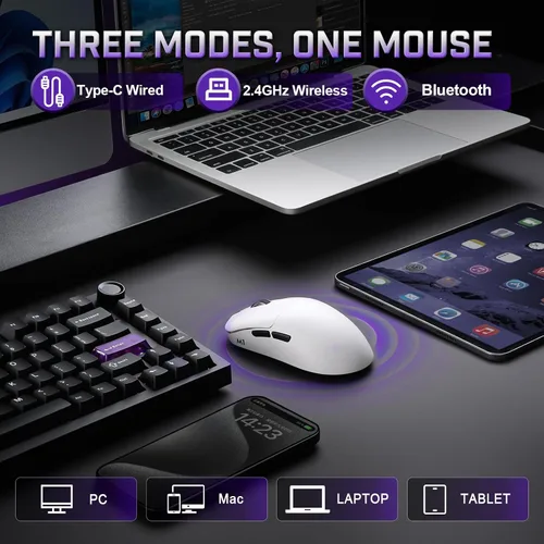 Vista 3 de YUNZII Ratón inalámbrico para juegos M1, Tri-Mode 2.4G/BT/mouse para juegos con cable, sensor PAW3311 10000 DPI recargable con 5 botones