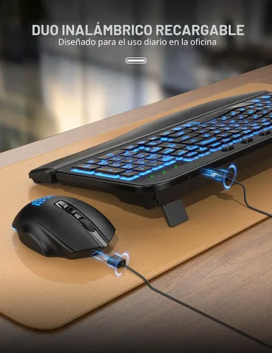 Vista 4 de SABLUTE Combo de teclado y mouse inalámbrico ergonómico, MA12Pro Wave teclado con reposamuñecas de cuero para escribir cómodamente, retroiluminación