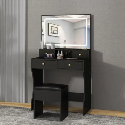 Vista 3 de Panana Juego de escritorio de tocador con espejo iluminado LED ajustable, tocador de maquillaje para niñas con taburete y 4 cajones