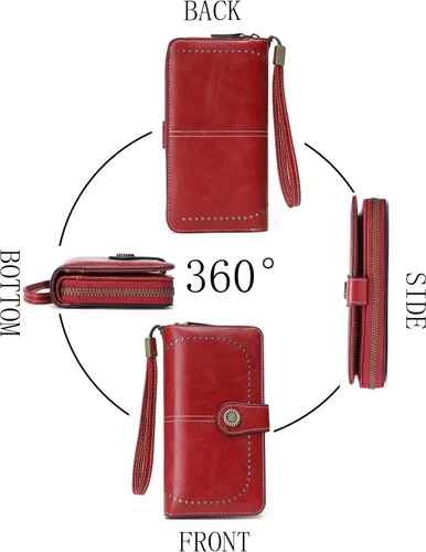 Vista 6 de Billetera de cuero para mujer, de gran capacidad, con cremallera, cartera con cremallera para mujer, 1-licor rojo, Moderno