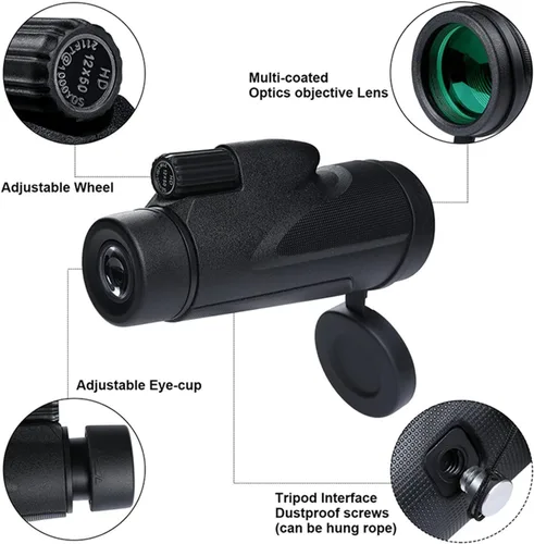 Vista 5 de Telescopio monocular de 12 x 50 con adaptador para teléfono inteligente y trípode, monocular para observación de aves, telescopio de observación
