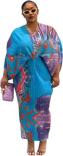 Vista 4 de Vestido sexy de fiesta de cóctel con mangas de murciélago y cuello en V profundo estampado con volantes