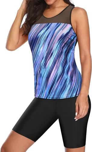 Vista 3 de Yonique Traje de baño de dos piezas para mujer con pantalones cortos, tankini modesto, traje de baño de espalda cruzada, traje de baño deportivo