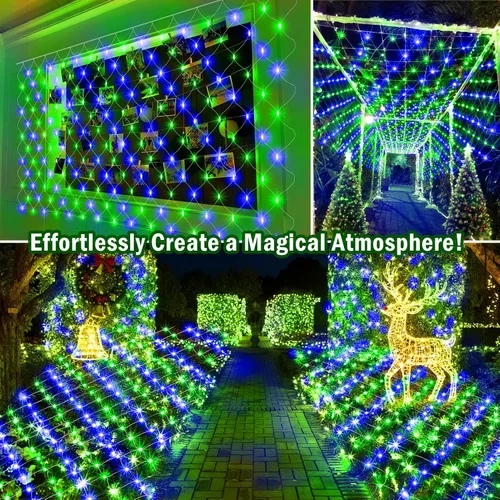 Vista 4 de KNONEW Paquete de 2 Luces de Red de Navidad de 420 LEDs de 13 pies x 6.6 pies, Luz de Malla para Exteriores Conectable Impermeable con 8 Modos