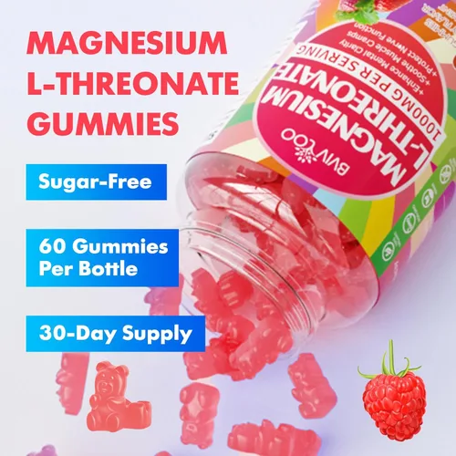 Vista 6 de Gomitas de magnesio L-treonato de 1000 mg para adultos, apoyo muscular y del sistema nervioso, vegano, sabor a frambuesa sin azúcar, 60 gomitas