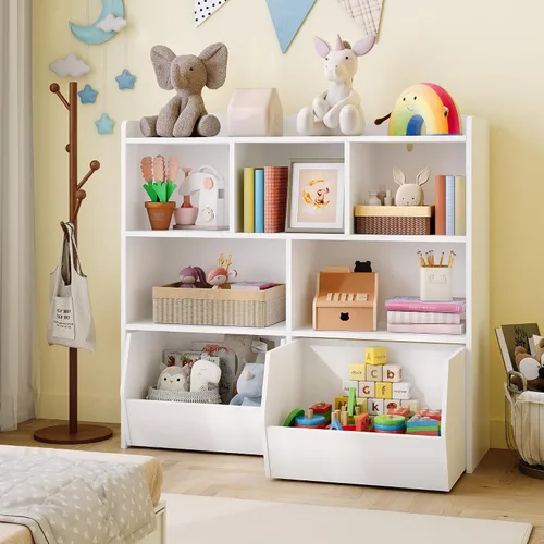 Vista 9 de GarveeHome Estante de almacenamiento de juguetes, estantería para niños, estante de lectura con cajones móviles, caja organizadora de almacenamiento