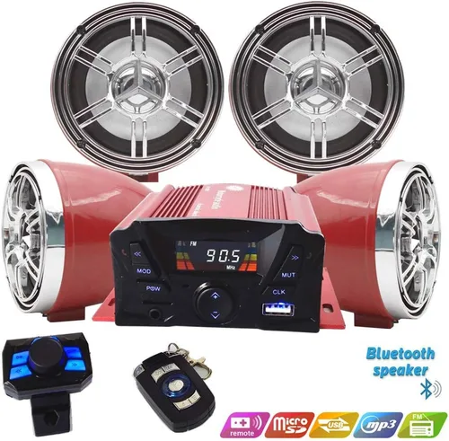 Vista 5 de XYC UTV, ATV, motor Bluetooth antirrobo, control remoto de 3 pulgadas, impermeable, altavoz inalámbrico Bluetooth de 7/8-1 pulgadas, montaje en Rojo