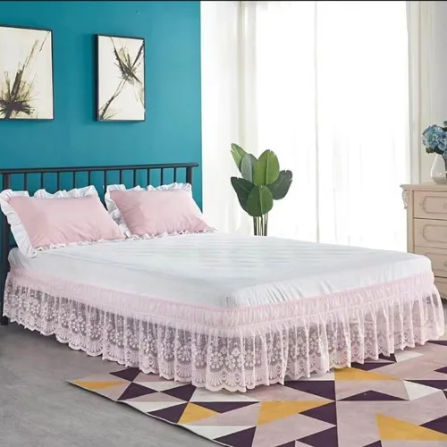 Vista 4 de Envoltura de cama elástica con ribete de encaje, falda de cama con volantes de fácil ajuste, color blanco (beige, matrimonial)
