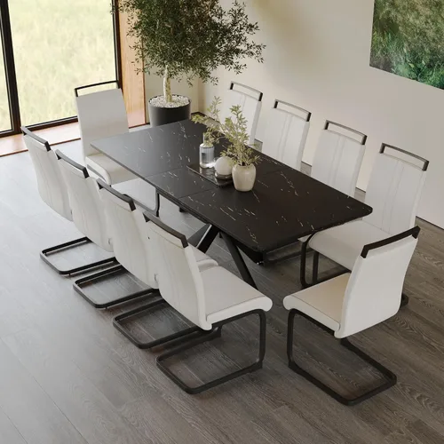 Vista 5 de Mesa de comedor de mármol para 4-8, mesa de comedor extensible de 62.4 a 78.15 pulgadas, mesa de cocina moderna, mesa rectangular que ahorra espacio