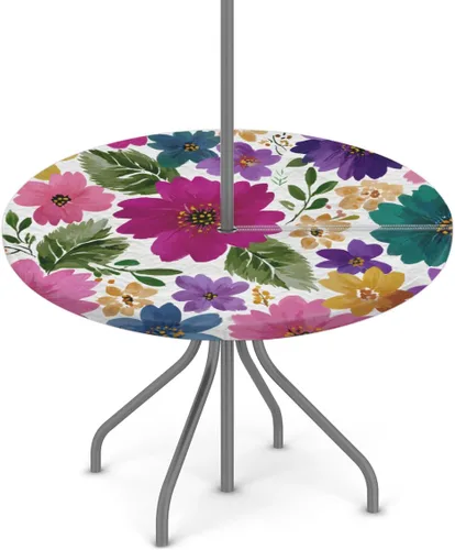 Vista 24 de Mantel redondo para exteriores con agujero para paraguas, mantel de temporada con margaritas para exteriores, con cremallera, impermeable, mantel