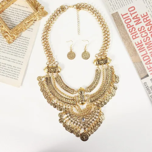 Vista 5 de YANCHUN Disfraz de gitana para mujer, joyería de gitana para mujer, disfraz renacentista, conjunto de collar bohemio, juego de aretes, joyería