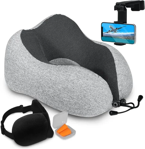 Vista 10 de Homeify Kit de viaje en avión, almohada ajustable para el cuello del avión de espuma viscoelástica con soporte para teléfono, máscara de ojos
