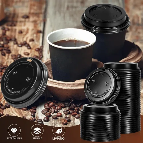 Vista 7 de Paquete de 100 tapas desechables negras para tazas de café, se