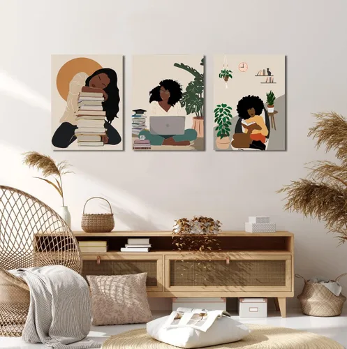 Vista 8 de Arte de pared bohemio afroamericano, decoración de pared de mujer negra, impresión en lienzo de niña negra, arte de lectura para mujer, decoración
