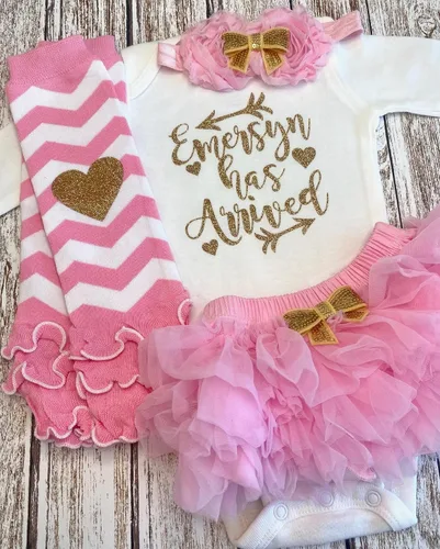 Vista 12 de Personalized Baby Girl Has Arrived Bodysuit Gold Glitter Design Add Any Name Optional Accessories