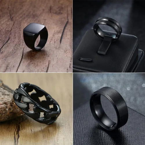 Vista 5 de MOZAKA Juego de 4 anillos de acero inoxidable con sello negro sólido para hombre, pulido mate con bordes ranurados cubanos, tamaño 7-12