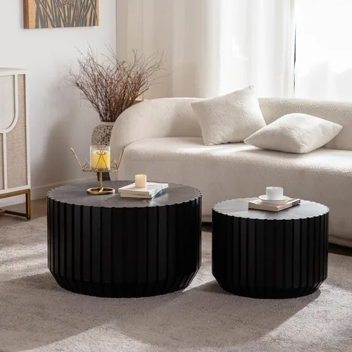Vista 8 de Juego de 2 mesas de centro redondas negras de 55.12 pulgadas, mesa lateral moderna para sala de estar, diseño contemporáneo de círculo de madera