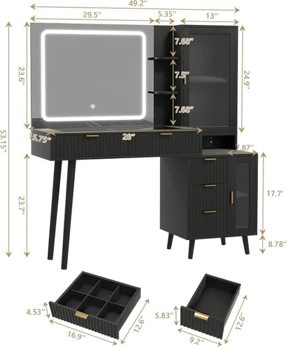 Vista 2 de 49“ Black Makeup Vanity Desk with Mirror and Lights, Wooden