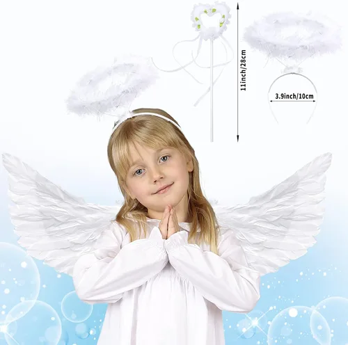 Vista 4 de Takmor Alas de ángel para adultos, disfraz de alas de ángel y halo de ángel para mujeres y niñas, disfraz de alas para Halloween