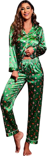 Vista 21 de Ekouaer - Conjunto de pijama de satén de seda clásico con botones para mujer, de manga larga Verde militar