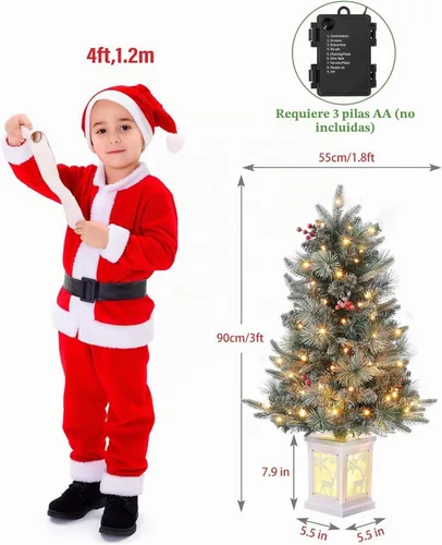 Vista 2 de Árbol de Navidad de 3 pies con base de reno, árbol de Navidad artificial esmerilado con 78 luces LED, caja de batería de 8 modos, decoraciones