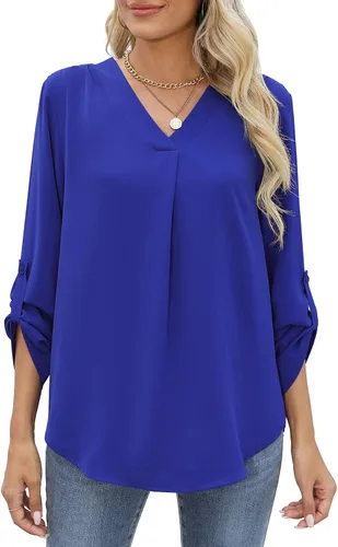 Vista 2 de QUEZHU Blusas de manga 34 para mujer, estilo casual, elegante, de gasa, cuello en V, blusas
