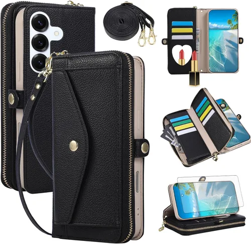 Vista 42 de Asuwish Funda de teléfono para Samsung Galaxy S23 5G con cremallera, funda para celular con protector de pantalla, correa para el hombro, espejo