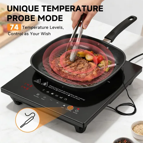 Vista 2 de AMZCHEF Placa de Cocción de Inducción Portátil: Quemador de Inducción de 74 Niveles de Temperatura con Sonda Digital, Quemador de Encimera de 1800W
