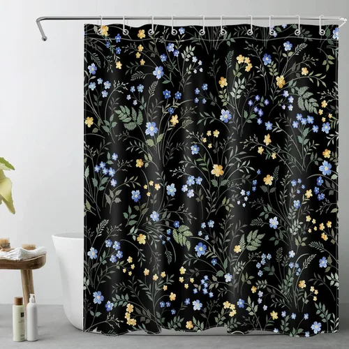 Vista 17 de LB Cortina de Ducha Decorativa de Flores Silvestres del Campo, Flores Azules y Amarillas con Planta de Hojas Verdes sobre Beige, Cortina de Ducha