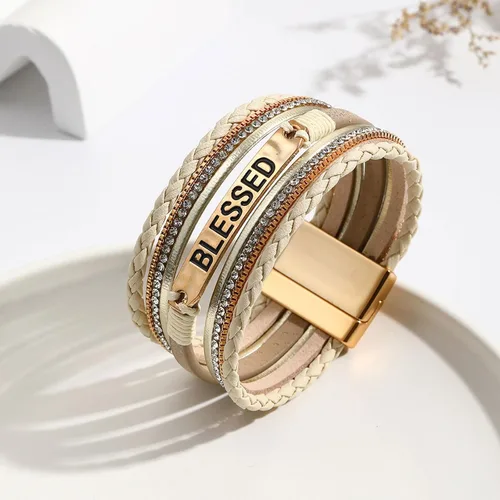 Vista 2 de Long tiantian Pulseras de cuero para mujer, pulsera de cuero personalizada con letras, estilo bohemio, multicapa, joyería