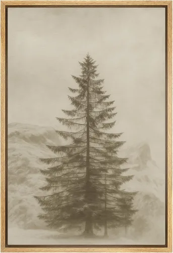 Vista 19 de SIGNLEADER Lienzo enmarcado para pared, pinos resistentes en acantilado, árbol de montaña en tono sepia, ilustración de paisaje, arte moderno