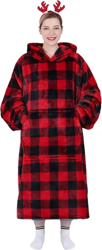 Vista 29 de Waitu - Sudadera tipo manta, para regalar a hombre o mujer, muy cálida y acogedora, gigantesca, con capucha, de gruesa franela, con mangas y un Negro